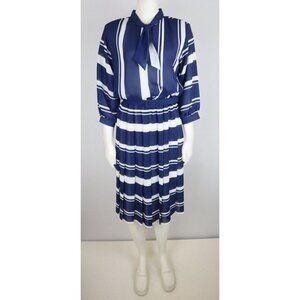VINTAGE WOMEN'S SHEER BLUE STRIPED BELTED DRESS - LADY CAROL - SIZE 10P